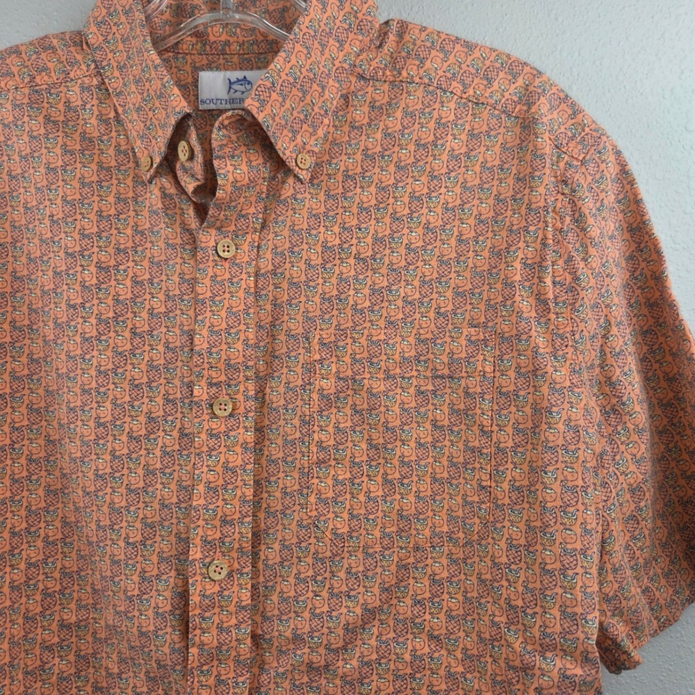Southern Tide Mens Medium Orange Pineapple Coconut Linen Rayon Button Down Shirt